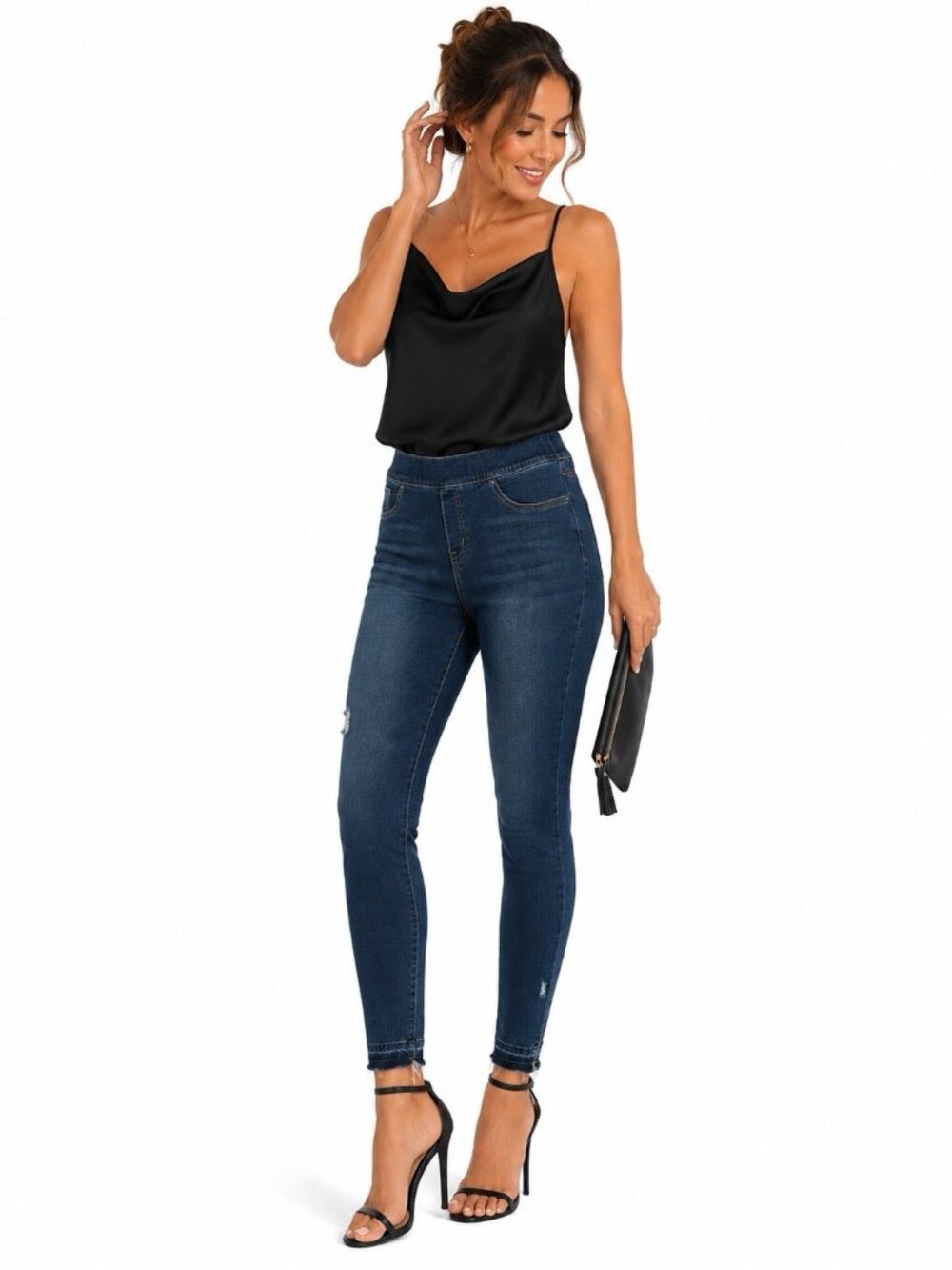 Spanx Pull On Skinny Jeans XL Shaping Stretch Denim Raw Hem Distressed Blue